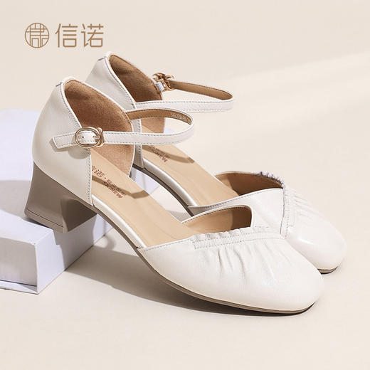 信诺舒适羊皮女鞋2026春夏新款百搭包头凉鞋休闲粗跟方头气质单鞋X6L134-89 商品图3