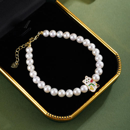 子佩集【招财萌宝】银S925珍珠惜王妃手链【MLSL001】5mm珠镀金猫咪2601 商品图0