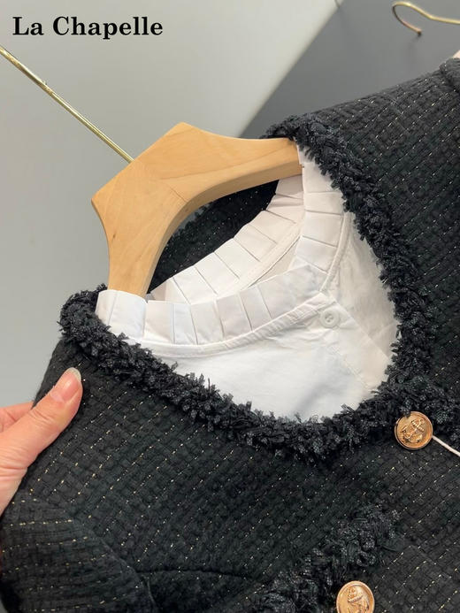 天猫同步【巴黎细闪！】拉夏贝尔/La Chapelle羊毛混纺别致U领单排扣设计气质编织短款通勤香风外套女 商品图6