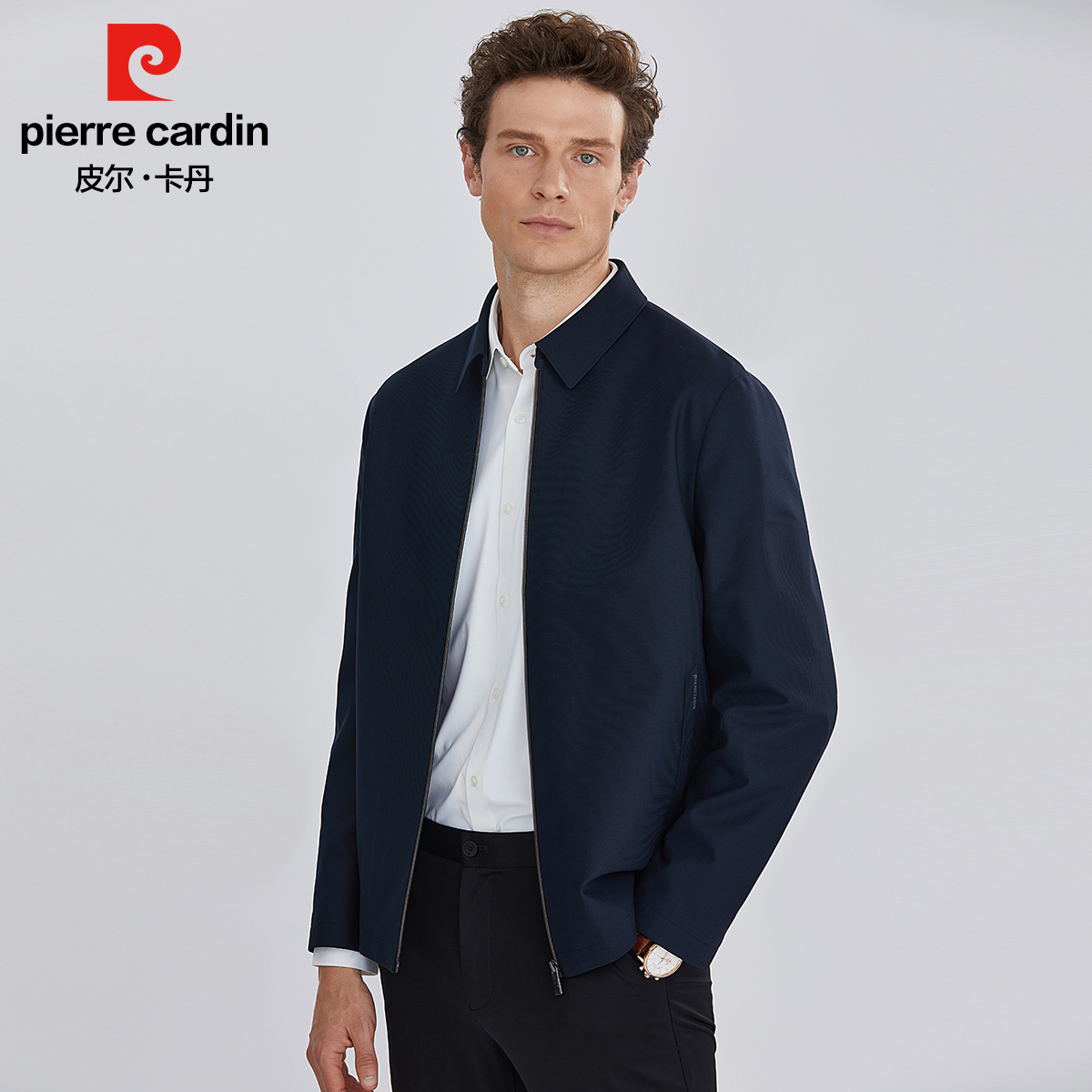 皮尔卡丹翻领针织细横纹格纹里布针织夹克PZXJ41201