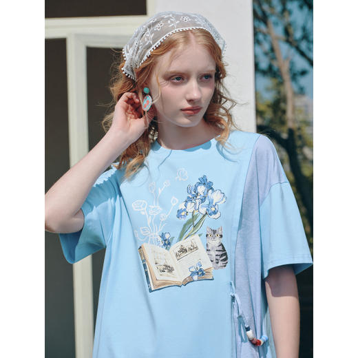 两三事梵高文艺星垂素野2026夏季新款印花拼布不对称t恤裙连衣裙 商品图2