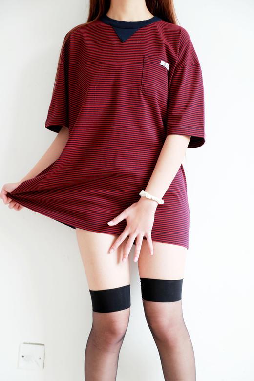 港风条纹tee，胸口小标设计。宽松复古做旧磨破圆领半袖儿C032458 商品图11