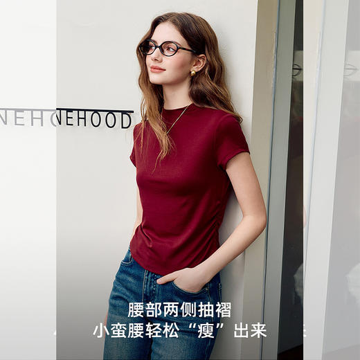 西遇法式半高领正肩短袖T恤女2026年夏季新款莱赛尔打底修身上衣SS060239 商品图3