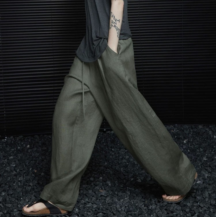 松针绿亚麻阔腿裤 超稀缺的天然亚麻 轻薄透气 宽松阔腿显瘦