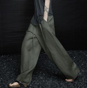 松针绿亚麻阔腿裤 超稀缺的天然亚麻 轻薄透气 宽松阔腿显瘦
