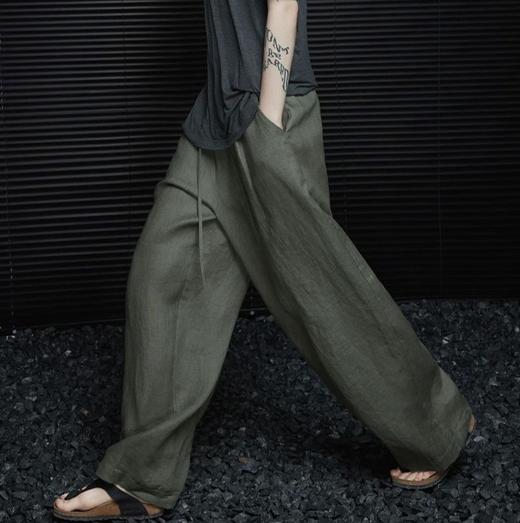 松针绿亚麻阔腿裤 超稀缺的天然亚麻 轻薄透气 宽松阔腿显瘦 商品图0