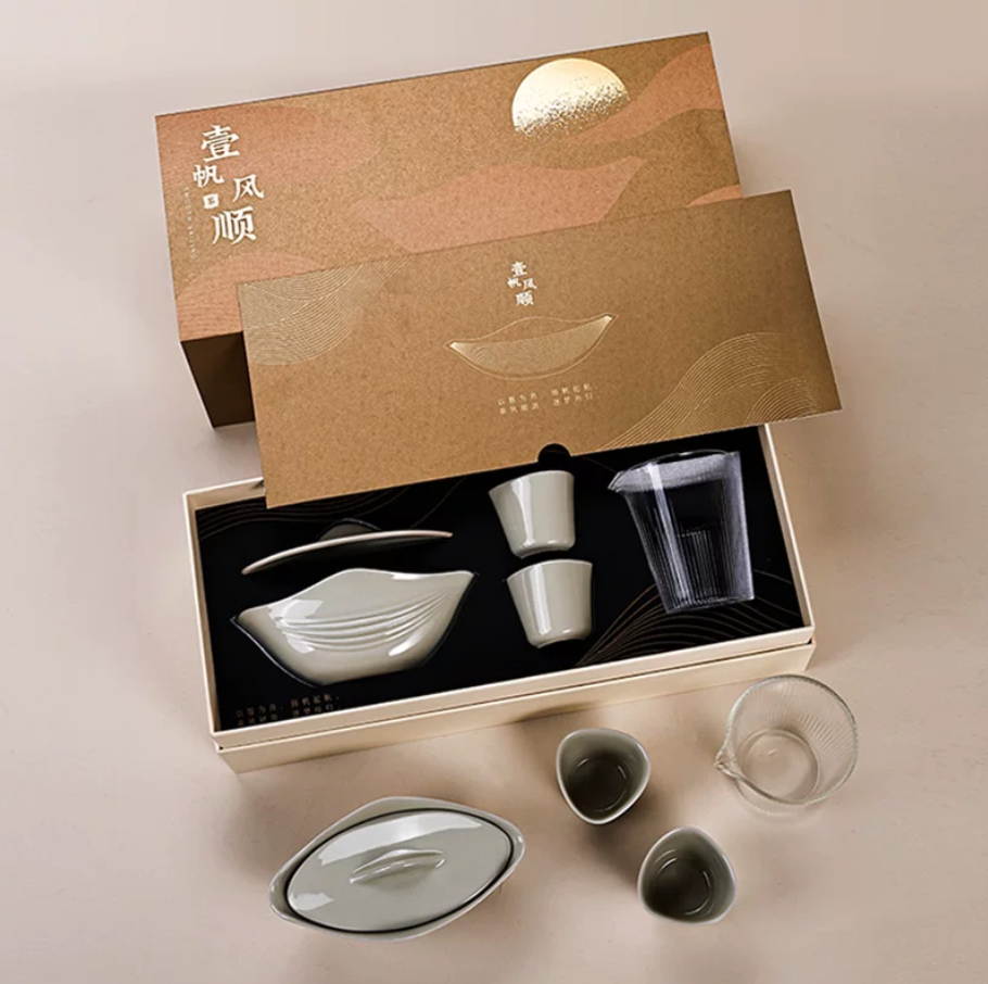 杭州西湖景区一帆风顺茶具礼盒草木灰釉一壶两杯套组