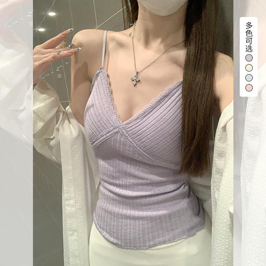 西遇蕾丝拼接交叉v领吊带背心女2026夏季新款纯欲风收腰显瘦上衣SS060241 商品图0