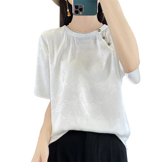 【三醋酸缎面提花新中式T恤衫】圆领套头宽松短袖衬衫t恤小衫 商品图4