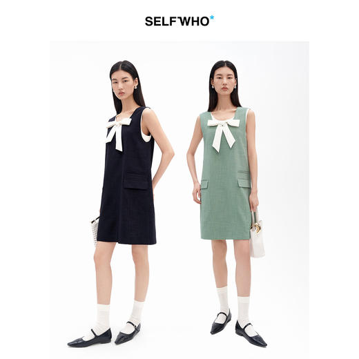 SELFWHO假两件撞色蝴蝶结U领连衣裙女2026夏季新款通小个子无袖裙 商品图4