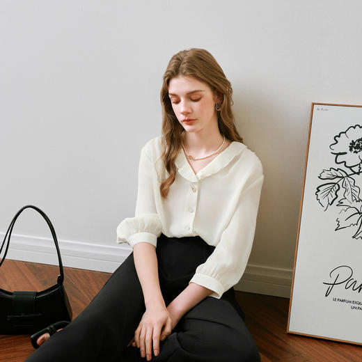 【商场同款】诗凡黎木耳领象牙白衬衫2025夏新款上衣女3G4120151 商品图2