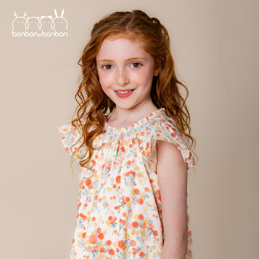 碎花缩褶小飞袖连衣裙 商品图1