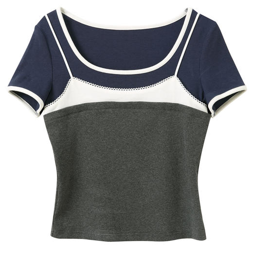 三彩独醒2026夏季新款花边拼接U领T恤甜酷短款修身套头衫上衣F 商品图4