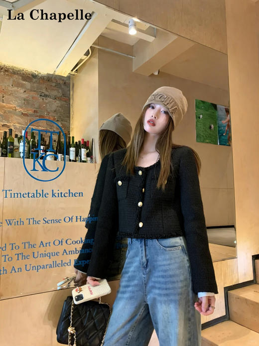 天猫同步【巴黎细闪！】拉夏贝尔/La Chapelle羊毛混纺别致U领单排扣设计气质编织短款通勤香风外套女 商品图1
