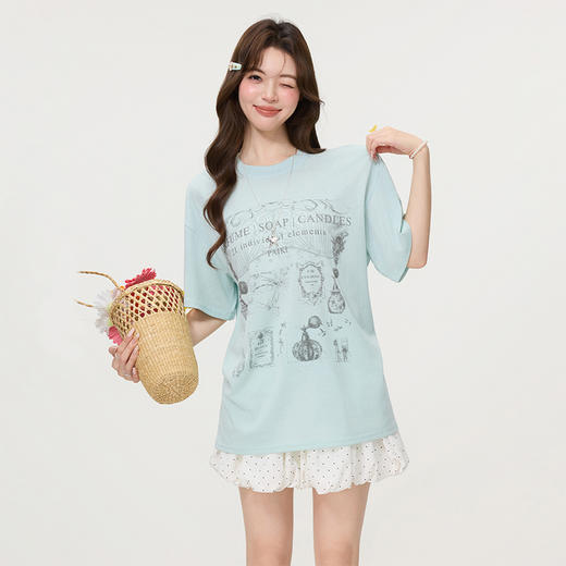 西遇印花短袖T恤女2026年夏季新款慵懒风宽松圆领休闲半截袖上衣SS060244 商品图2