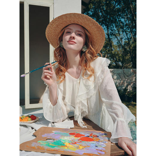 两三事梵高文艺薄色自持2026夏新款蕾丝拼接荷叶边两件套雪纺衫女 商品图3