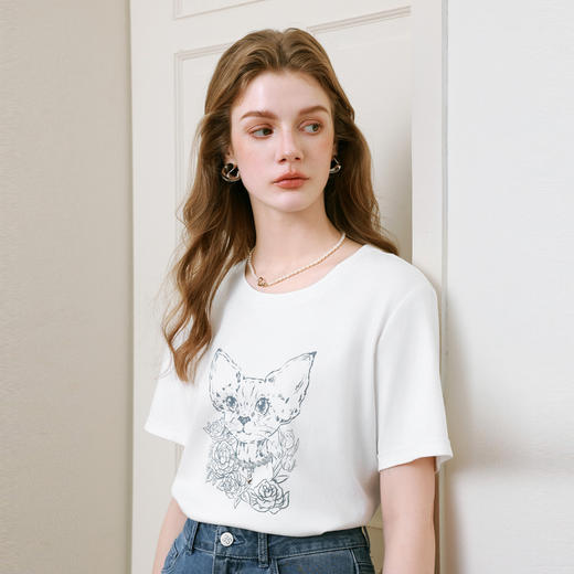 【商场同款】诗凡黎全棉印花T恤2025夏新款休闲短袖上衣3G4100711 商品图4