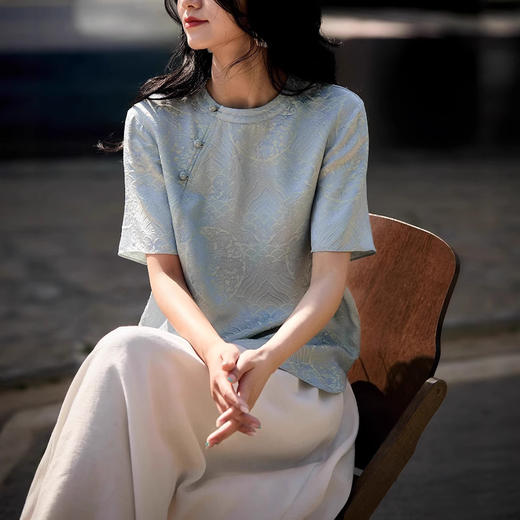 七天内发出【新中式云舒小衫提花斜襟盘扣上衣】短袖上衣春夏季 商品图2