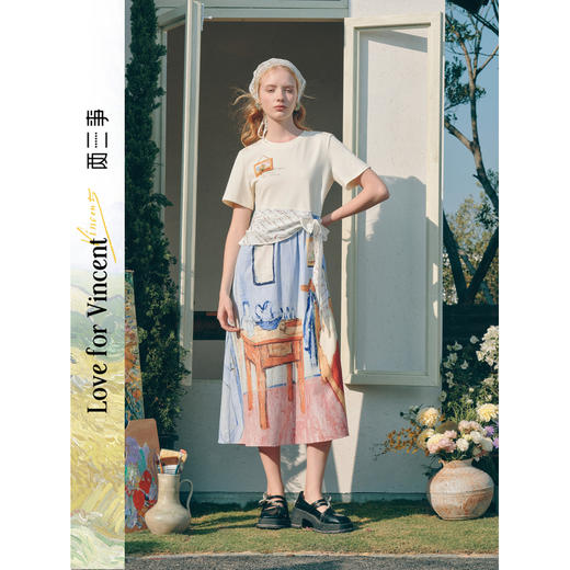 两三事梵高文艺 素写光阴 2026夏季新款印花拼接绑带假两件连衣裙 商品图0