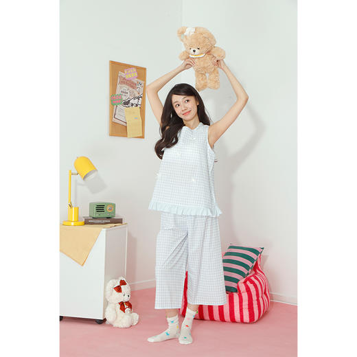 青野漫游带胸垫夏季格子甜美无袖家居服套装-纪念日百货门店同款170094134 商品图3