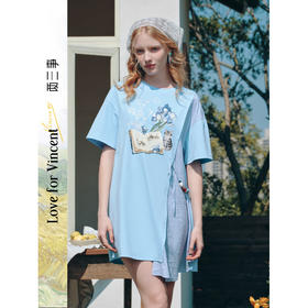 两三事梵高文艺星垂素野2026夏季新款印花拼布不对称t恤裙连衣裙