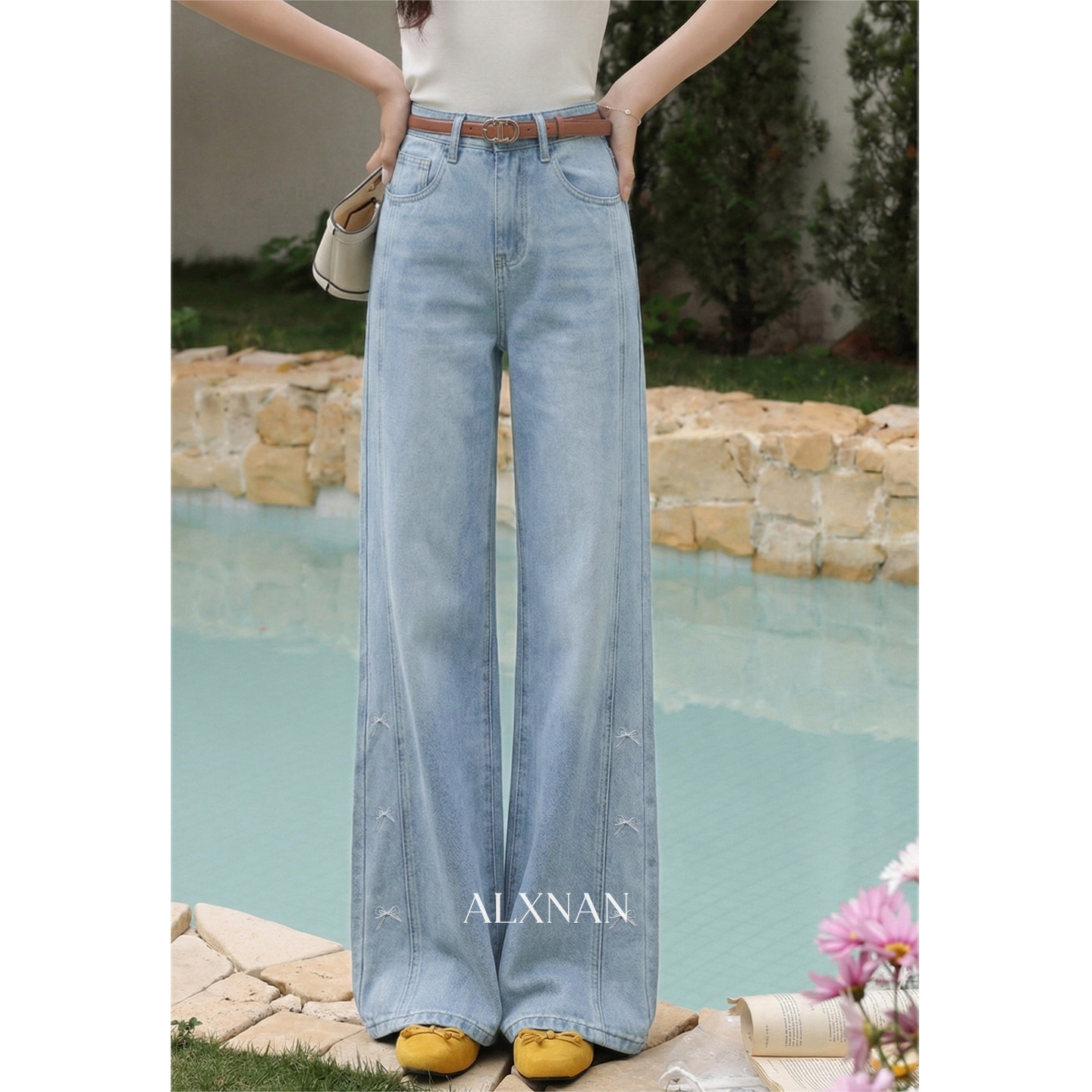 鹿向南「夏日序章」蓝色小个子牛仔裤女夏季新款高腰宽松阔腿裤