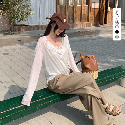 西遇莱赛尔v领长袖T恤女2026年春季新款宽松薄款防晒罩衫上衣SS060237 商品图0