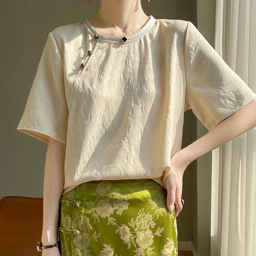 【三醋酸缎面提花新中式T恤衫】圆领套头宽松短袖衬衫t恤小衫 商品图2