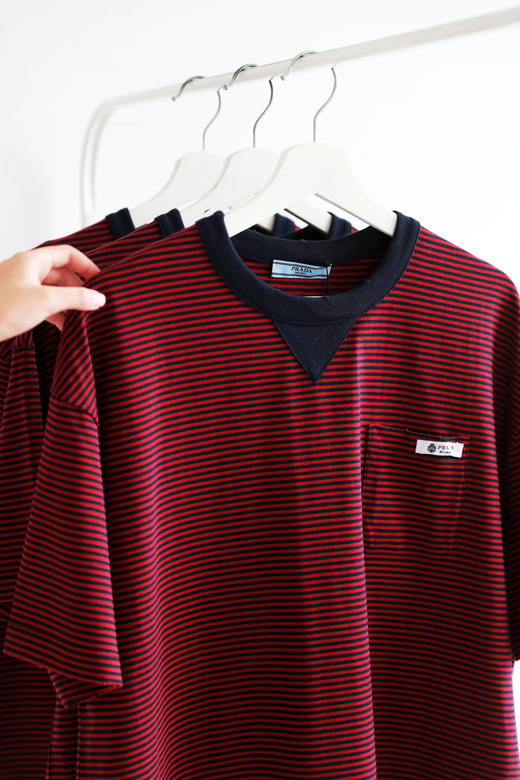 港风条纹tee，胸口小标设计。宽松复古做旧磨破圆领半袖儿C032458 商品图4