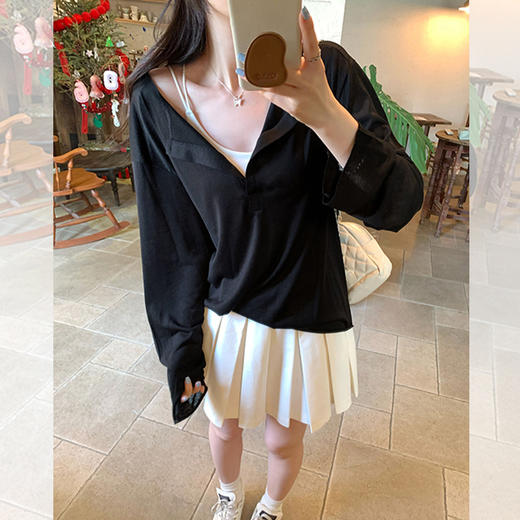 西遇莱赛尔v领长袖T恤女2026年春季新款宽松薄款防晒罩衫上衣SS060237 商品图1