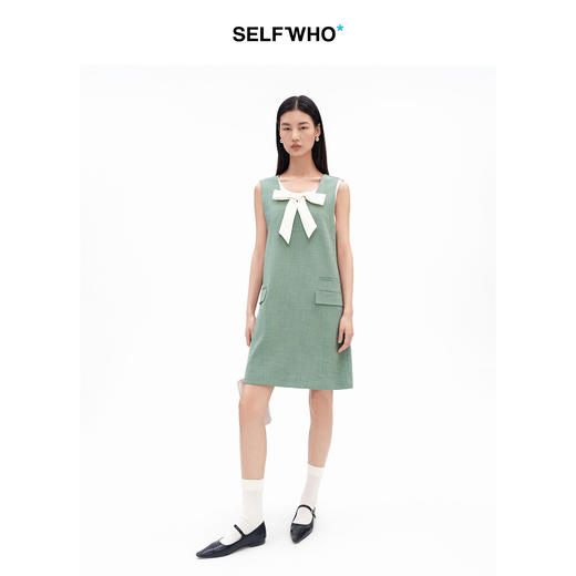 SELFWHO假两件撞色蝴蝶结U领连衣裙女2026夏季新款通小个子无袖裙 商品图1