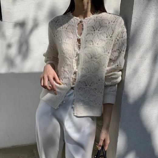 重磅渠道  ER真丝羊绒镂空勾花开衫  超美珍珠扣开合针织开衫  温柔减领早春开衫 商品图1