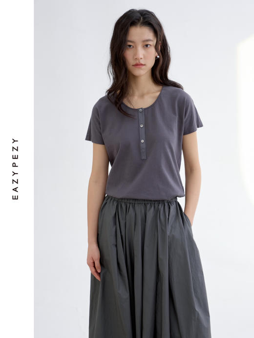 长绒棉亨利领真丝拼接短袖T恤 商品图2