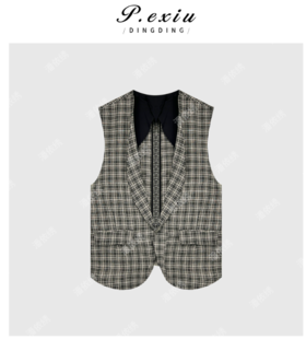 03-4潘依绣丁丁宠粉夏季新款V领无袖格子条纹薄款经典马甲背心W5518