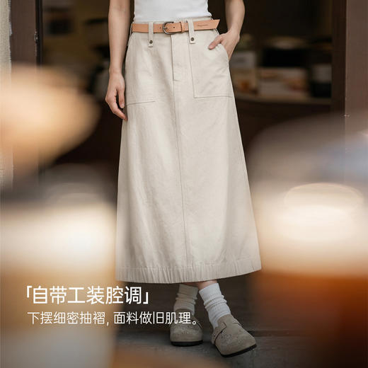 马登复古米白色高腰垂感显瘦休闲A字版后开叉直筒工装半身裙女士 商品图3