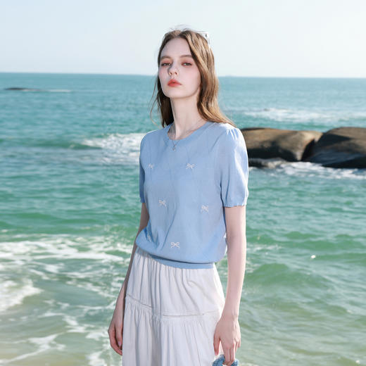 三彩2026夏季新款蝴蝶结绣花针织衫圆领短袖上衣套头衫简约M 商品图3