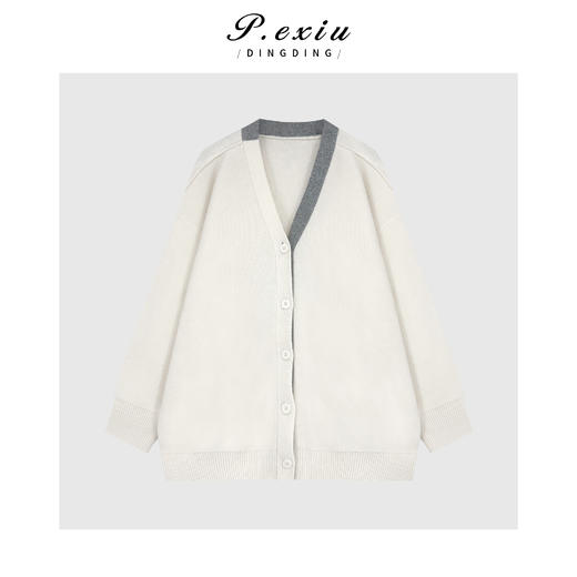 03-4潘依绣丁丁宠粉慵懒风宽松撞色V领长袖针织开衫Q26941 商品图0