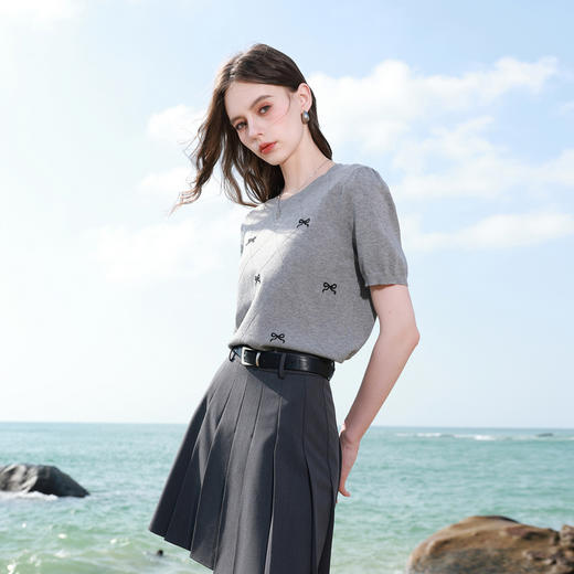 三彩2026夏季新款蝴蝶结绣花针织衫圆领短袖上衣套头衫简约M 商品图1