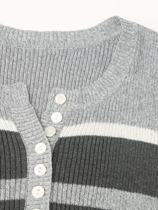 复古美式条纹针织短袖 亨利领半开扣设计 修身显瘦撞色上衣 商品图3