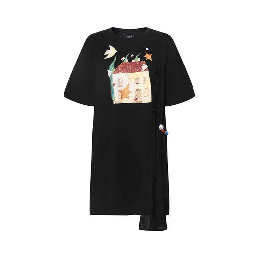 两三事夜航手札2026夏季新款复古印花不对称下摆宽松t恤裙连衣裙 商品图4