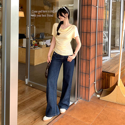 西遇法式荡领短袖T恤女2026年夏季新款莱赛尔天丝纯欲褶皱上衣SS060236 商品图1