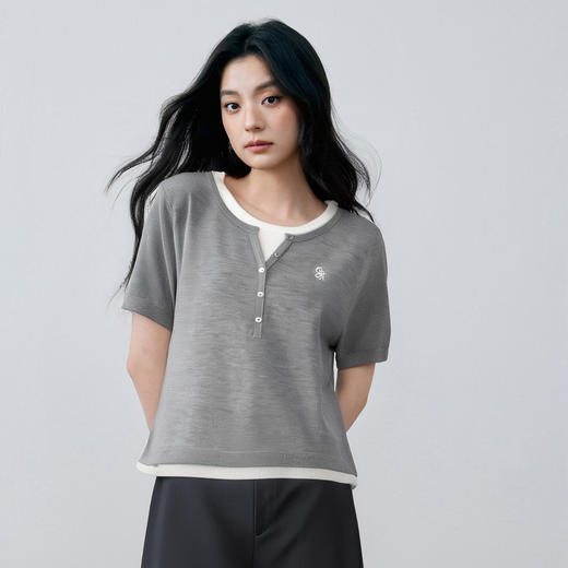 【商场同款】诗凡黎天丝假两件针织衫25秋新款短袖上衣3G7231291 商品图2