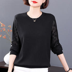 长袖黑色针织衫女2026年新款春秋妈妈毛衣大码蕾丝打底衫内搭上衣