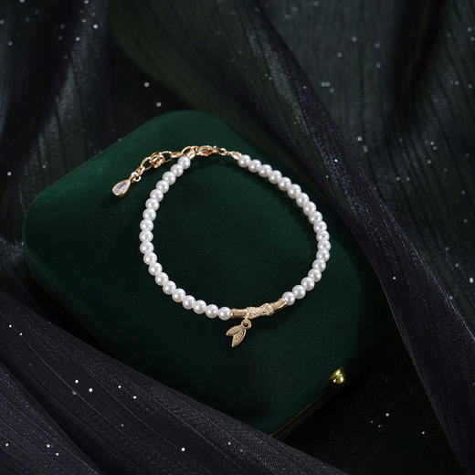 子佩集【筠心雅颂】银S925珍珠惜王妃手链【MLSL004】3mm珠镀金竹叶2601 商品图3