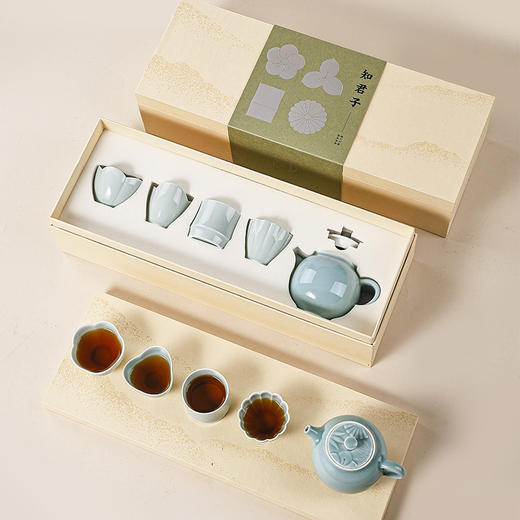 杭州西湖景区知君子茶具礼盒一壶四杯豆青釉茶器套装 商品图0