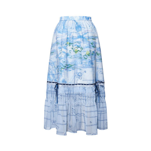 两三事雾屿微光2026夏季新款小清新蝴蝶结蕾丝拼接印花高腰半身裙 商品图4