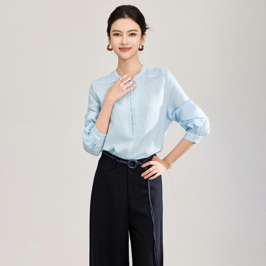 「高货wl」全新升级【铂金会员330/天猫439/差价109】(00957)洛诗琳法式氛围感撞色上衣2026新款天丝亚麻圆领衬衫女 商品图0