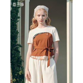 两三事余烬星辰2026夏季新款时尚刺绣撞色印花下摆绑带短袖t恤女