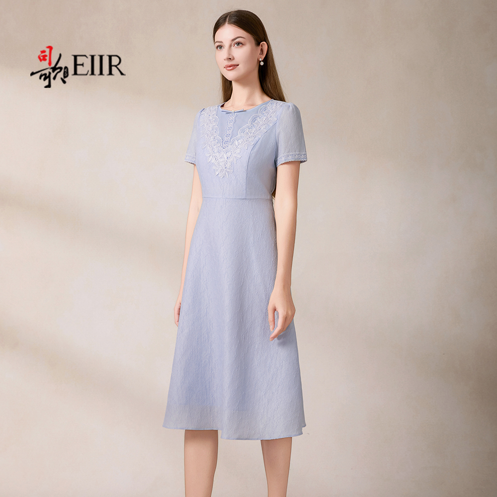 司歌收腰短袖绣花重工连衣裙过膝裙夏A911001X