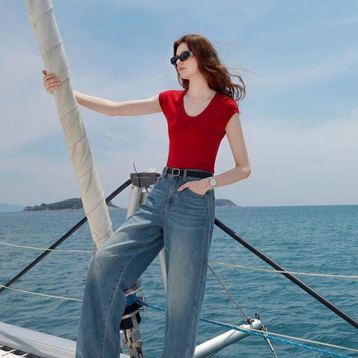 【莱赛尔】三彩2026夏季新款U领针织衫短袖上衣套头衫修身显瘦M 商品图3